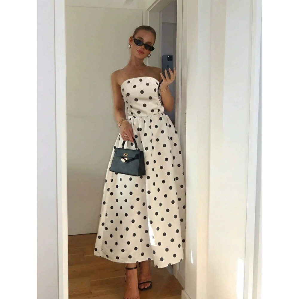 ZARA Women Polka Dot Print Strapless Waist Defining A Line Maxi Dress - Picture 3 of 5
